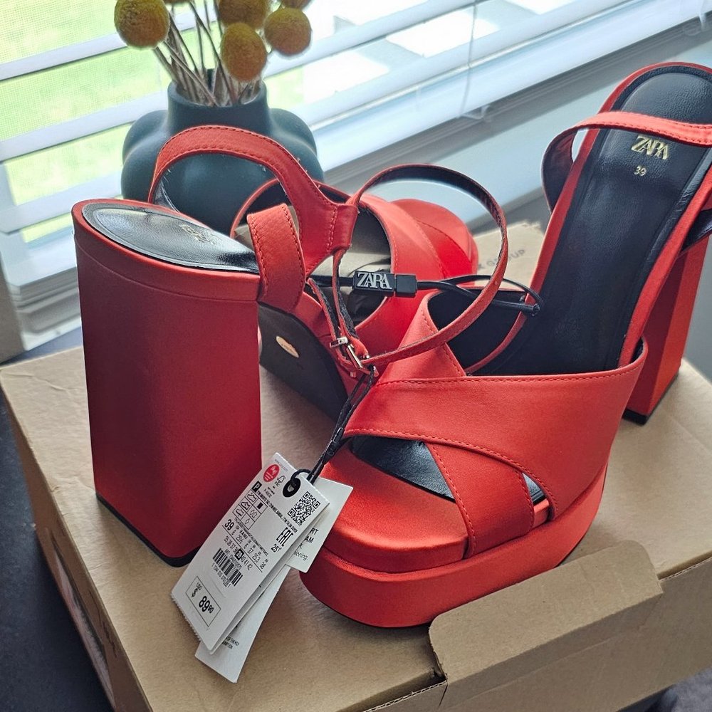 Orange Zara chunky satin sandal heels